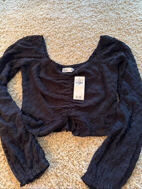 Hollister Black Textured Dot Long-Sleeve Cropped Top with Front Tie